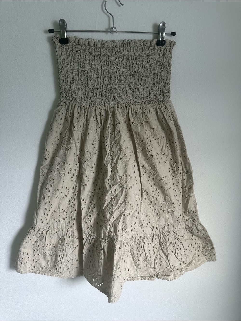 Smocked Eyelet Mini Dress in Beige